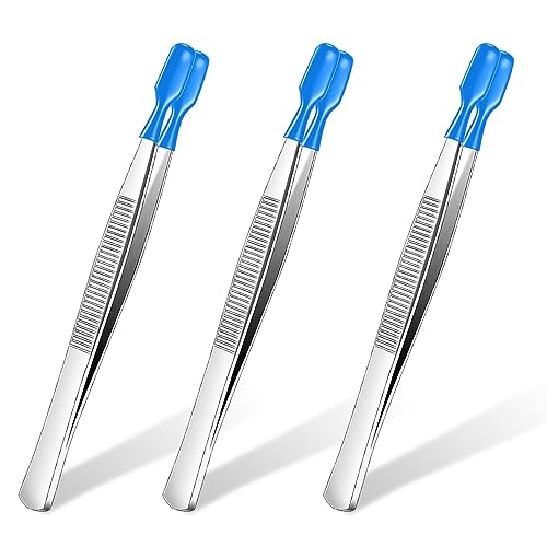 Honoson 3 Pieces Tweezers with Rubber Tips PVC Coated Rubber Long Bent Tweezers for Crafts Stamps Beads Jewelry Tools(4.33 Inch,Blue)