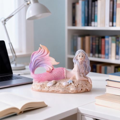 Rayberro 4.33" Mermaid Figurines Resin Pink Mermaid Sculpture Mediterranean Princess Statue Ornaments Home Office Desktop Bookshelf Decor Mermaid Collectible Crafts Fish Tank Aquarium Decoration Gift - color: Pink Beach