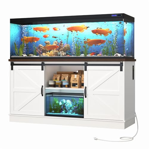Hlivelood Farmhouse 75-120 Gallon Fish Tank Stand with Power Outlet, Aquarium Stand w/Cabinet&Sliding Barn Door, Heavy Duty Reptile Tank Stand for Fish/Turtle/Reptile Terrarium, 1000LB Capacity, White - color: White, size: 75-120 Gallon
