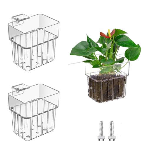 2PCS Aquarium Plant Holder with Hooks Top Clear Acrylic Fish Tank Plant Holder Cup Pots for Fish Tank Aquaponic Plant and Aquascape Decorations - color: White