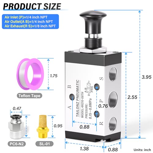 TAILONZ PNEUMATIC 1/4"NPT 5 Way 2 Position Spring Reset Air Hand Lever Operated Valve Pneumatic Solenoid Valve Manual Control Push-Pull 4R210-08-TH - size: 1/4"NPT, style: 5 Way 2 Position Spring Return