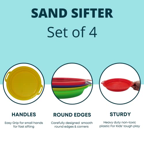 4E's Novelty Large Sand Sifter for Sandbox Beach 4 Pack - Sand Sifter for Shark Teeth, Rock, Plastic - Beach Toys, Sand Toys for Sandbox Kids & Toddlers