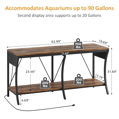 55-90 Gallon Fish Tank Stand with Power Outlets, 2-Tier Aquarium Stand with LED Light Strip & Open Storage Shelves, Heavy Duty Metal Table for Reptile Tank, 1150 LBS Capacity - color: Brown and Black