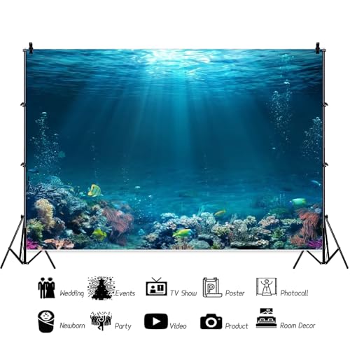 Under The Sea Backdrop 10x8ft Ocean Backdrop Underwater World Sunlight Background for Summer Theme Hawaii Luau Birthday Party Studio Props - color: Abyss Blue, size: 10x8ft (300x240cm)