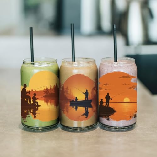 arricraft 10 Sheets Outdoor Fishing UV DTF Cup Wrap for 16OZ Glass, Sunset Views by The Lake Rub on Decals PVC Transfer Stickers for DIY Cups Wood Funiture 24x11cm/9.4x4.3inch - style: Outdoor Fishing Theme