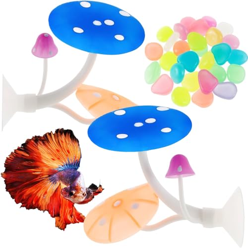 2Pcs Betta Fish Mushroom Hammock with 30 Luminous Stone Soft Silicone Aquarium Rest Bed with Suction Cup Colorful Lifelike Mushroom Tank Decor Fish Breeding Playing Pad for Aquarium Fish Tank(Blue)