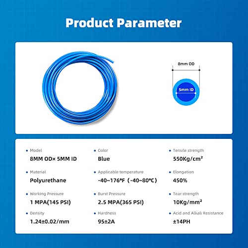 Pneumatic Tubing Blue PU Air hose Pipe Tube Kit 5/16 inch or 8mm OD 5mm ID 39.4ft/12 Meter for Air Line or Fluid Transfer - color: Blue, size: 8mm OD / 5mm ID × 12m