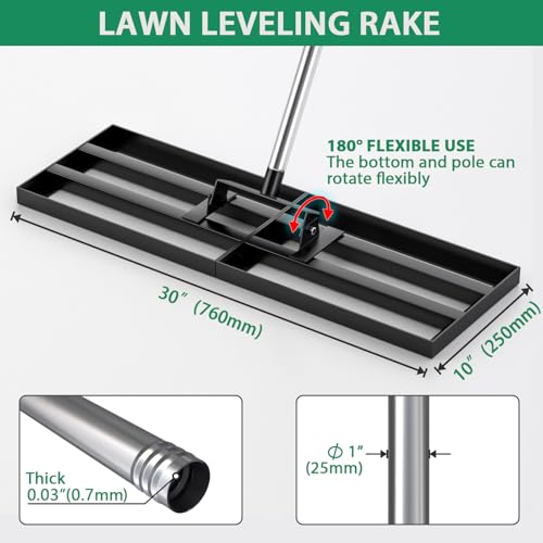 Lawn Leveling Rake 30" x 10" with 78" Adjustable Stainless Steel Handle - Heavy Duty Wide Leveling Tool for Large Areas, Grass & Soil Leveler