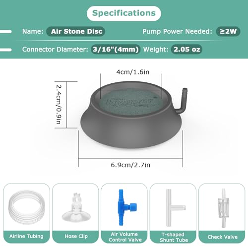 hygger Aquarium Air Stone, Fish Tank Bubbler Aerator with Stainless Steel Base, Oxygen Diffuser for Nano Air Pumps Hydroponics Small Ponds and Fish Tanks - size: 1.6 inch