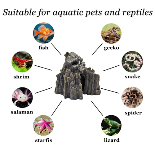 Aquarium Decor Skull Mountain Landscape Tank Ornaments for Betta Fish, Goldfish, and Reptiles Lizard Sleep Resting Play Cave