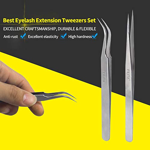 Best Eyelash Extension Tweezer Set - FEITA Pro Straight & Curved Pointy Precision Fine Tip Tweezers for Lash Extensions - Silver - 2Pcs - color: Straight & Curved Tip 2pcs