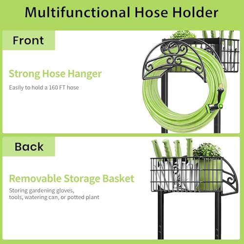 TomCare Garden Hose Holder Upgraded Water Hose Holder Heavy Duty 4 Spikes Hose Hanger Holds 160 Feet Hoses Stable Freestanding Hose Storage Organizer for Outside Yard - color: All Black