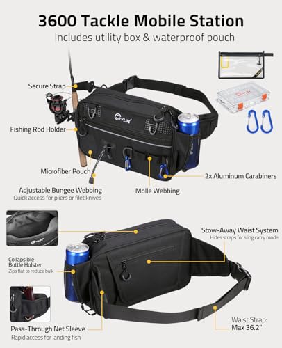 CVLIFE Fishing Tackle Bag Waist Pack with Rod Holder, Water Resistant Fanny Pack Includes 3600 Tackle Box, Waterproof Pouch & Carabiners, Convertible Sling Bag with Net Holster for Gear - color: Black