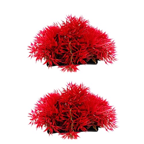 2Pcs Red Artificial Flowers, Fake Flowers, Artificial Pine with Base Grass Fish Tank Ornament Aquatic Plant Landscape Decor, Aquarium Décor