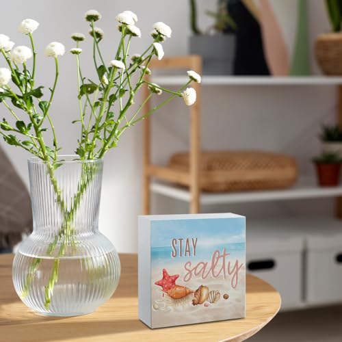 Summer Beach Sign Decor Summer Decorations for Home Coastal Beach Theme House Room Bedroom Bathroom Classroom Decor Stay Salty Wooden Box Sign 5 X 5 Inch - color: Stay