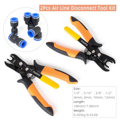 Push to Connect Fittings Air Line Disconnect Tool Kit Push Fitting Removal Tool for 1/4”, 5/16”, 3/8”, 1/2” (6mm, 8mm,10mm,12mm) Quick Connect Release Pliers with 15 Pcs Pneumatic Fittings