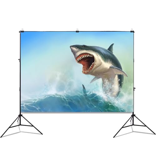 9x6ft Fabric Shark Theme Backdrop Blue Ocean Emerging White Shark Animal Photography Background Aquarium Kids Party Decorations Photo Banner Photo Shoot Props - size: 9x6 FT