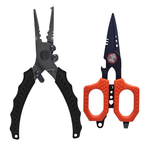 Eupheng Multi Function Fishing Pliers & Scissors Set 4.7" Titanium Coated,Saltwater Resistant Hook Remover with Safety Lock Split Ring Pliers & Fishing Shears for Braided Mono Fluorocarbon - style: pliers + red scissors