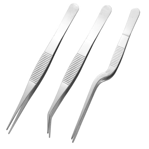 Stainless Steel Tweezers Set for Small Gardening and Kitchen, Multi-Purpose Tools Silver Tweezers (3Pcs, 6.22Inches / 6.33Inches / 6.4Inches)