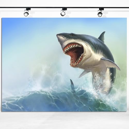 9x6ft Fabric Shark Theme Backdrop Blue Ocean Emerging White Shark Animal Photography Background Aquarium Kids Party Decorations Photo Banner Photo Shoot Props - size: 9x6 FT