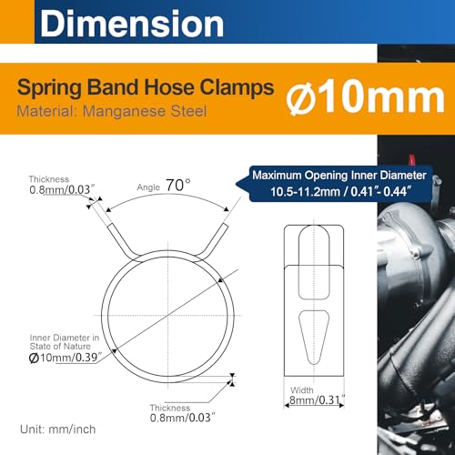 10mm (0.39") Spring Band Hose Clamps, 20 Pack Small Hose Clamps for 9-10.5mm OD Fuel Line, Water Tube, Air Tube & Silicone Hose - size: 10mm