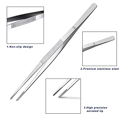 Stainless Steel Long Tweezers Tongs Kitchen Tweezer with Precision Serrated Tips Long Straight Tweezers for Cooking Cooking Tweezer for Sea Food Surgical BBQ (12 Inch)