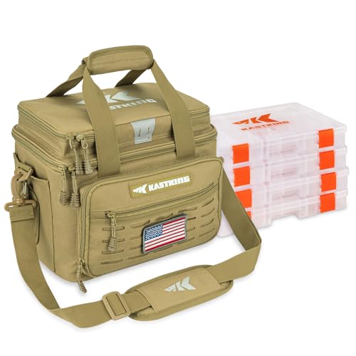 KastKing Karryall Fishing Tackle Bags with 4 * 3600 Tackle Trays - Saltwater & Freshwater Fishing Gear Storage - color: Khaki, size: Medium - 4*3600 Trays
