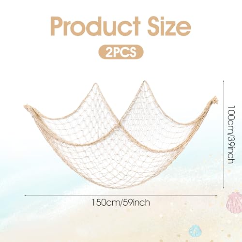 2 Pack Natural Fish Net Decorations for Party, Natural Cotton Hawaiian Party Fishing Net Decorative, Nautical Themed Cotton Fishnet Under The Sea Pirate Ocean Beach Halloween Decor