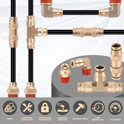 CheeMuii 100 FT 1/4" DOT Air Line with 34 Pcs Brass DOT Air Line Fittings Kit 30.5 Meter 1/4 Black Air Lines Service Kit with Push Lock Air Fitting Air Coupler & Plug Kit - color: black & gold, size: 1/4"100ft-37pcs