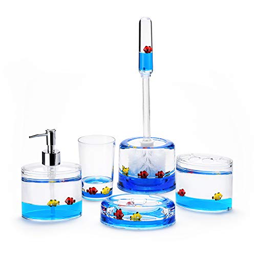 Locco Decor 5 Piece Acrylic Liquid 3D Floating Motion Bathroom Vanity Accessory Set Ocean Cartoon Animal Theme Nimo Fish Toothbrush Holder, Tumbler, Soap Dispenser, Soap Dish, Toiletbrush Holder Set - size: 5-piece, style: Fish