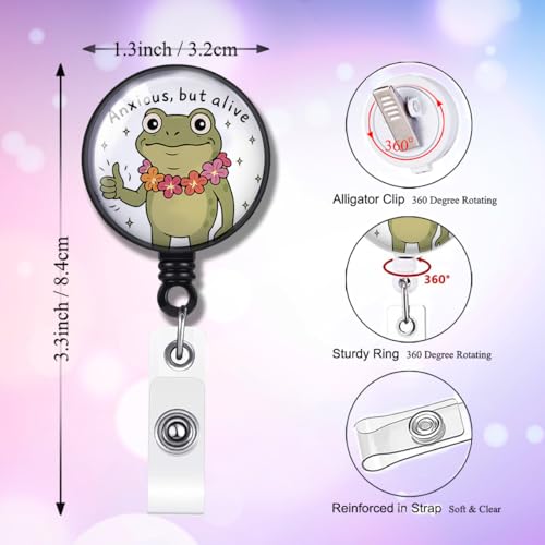 Cute Frog Badge Reel, Mental Health ID Holder Retractable Badge Clip for Nurses Students Medical Staff, Funny Office Gifts - color: Anxious But Alive
