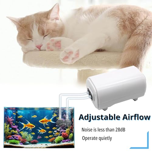 Mini Air Pump for Aquarium - Ultra Quiet 3W 108GPH Dual-Outlet Bubbler with Air Stones, Tubing, Check Valves & Suction Cups - Ideal for Fish Tanks up to 50 Gallons and Bait Tanks