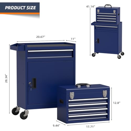 5-Drawer High Capacity Rolling Tool Box, Removable Cabinet Storage Tool Chest with Wheels and Drawers, Detachable Toolbox with Lock for Mechanics Garage Workshop and Tool Room (Blue) - color: Blue