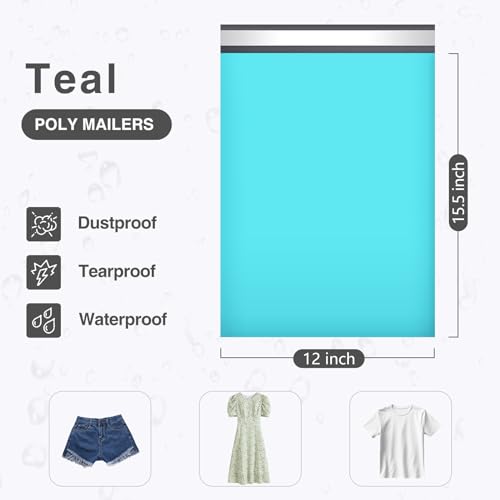 UCGOU Poly Mailers 12x15.5 Inch Teal 100 Pack Medium Shipping Bags #5 Strong Thick Mailing Envelopes Self Sealing Adhesive Waterproof and Tear Proof Boutique Packaging Postal for Clothing - color: Teal, size: 12x15.5