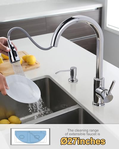 Chrome Kitchen Faucet with Soap Dispenser, WOWOW Stainless Steel Faucet for Kitchen Sink 2 or 4 Hole, High Arc Single Handle Pull Down Kitchen Faucet for Sink, RV, Laundry, Bar - color: Chrome, style: Kitchen Faucet with Soap Dispenser