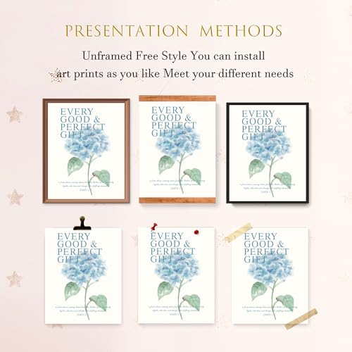 LARTSFRO Hydrangea Floral Bible Wall Art Decor Posters, Blue Floral Spring Christian Room Bathroom Bedroom Dorm Wall Art Decor Aesthetic for College Teen Girls Gifts, Inspirational Bible Verses Wall Decor, 10x8 Inch Set of 4 Pcs Hydrangea Pictures (UNFRAM