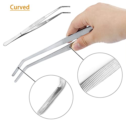 Kitchen Long Tweezers Set, LEEFONE 2 PCS 12 Inch Stainless Steel Food Tweezers with Precision Serrated Tips for Cooking & Baking (Straight + Curved)