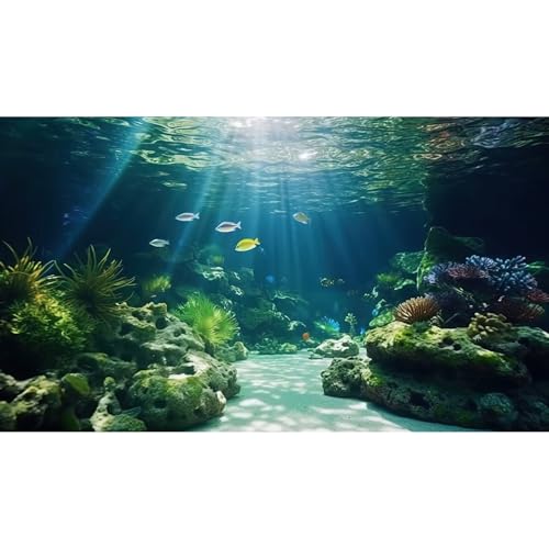 Under The Sea Aquarium Background Underwater Scene Corals Reefs Fish Tank Background Deep Ocean Sea Rock Cave Sunray Terrarium Backgrounds Underwater Marine Life Aquarium Backgrounds 24x12in - color: Green_Blue, size: 24(W)x12(H)inches/ 60(W)*30cm(H)