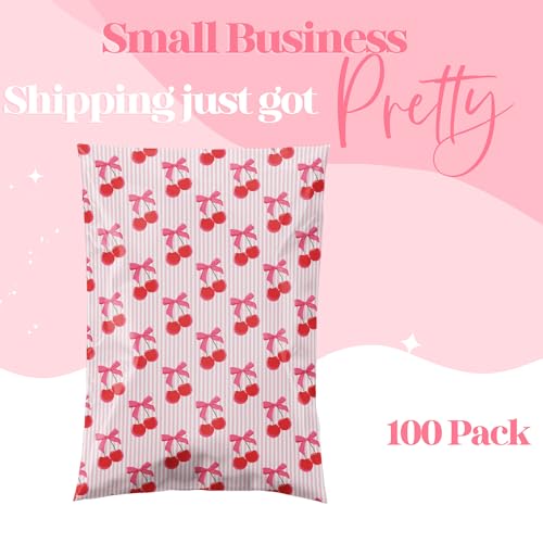 Pretty Package Store 6x9 Designer Poly Mailer 100 Pack Heavy Duty Waterproof Self Seal Shipping Bags for Small Business Large Mailing Envelopes Bulk Tear Resistant Packaging Pink Stripe Cherry Fruit - color: Cherry, size: 6x9