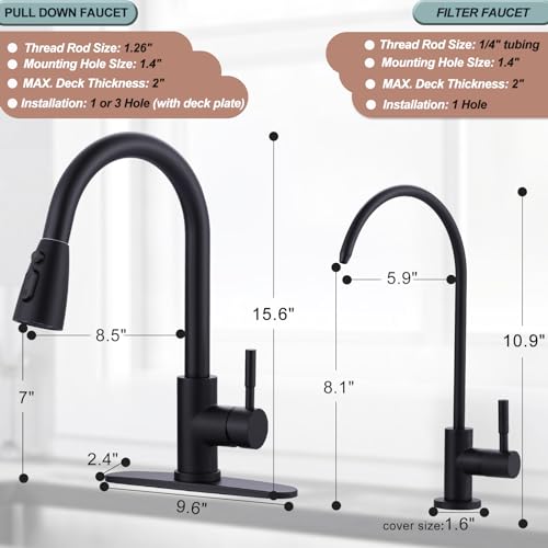 Black Kitchen Faucet and Water Filter Faucet Combo, WOWOW Stainless Steel Kitchen Sink Faucet with Drinking Water Faucet for Reverse Osmosis or Water Filtration System, Matte Black - color: B: Black, style: Kitchen Faucet & Filter Faucet