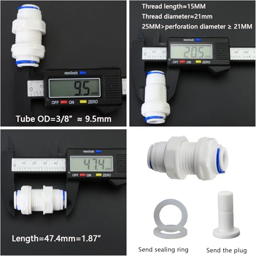 3/8" Push-Fit Bulkhead Fitting for RO Water Systems, 3 Pcs | Plastic quick-connect bulkhead fitting for reverse osmosis filters, water purifiers & filtration systems. Panel mount adapter - style: 3/8-inch Partition Fitting