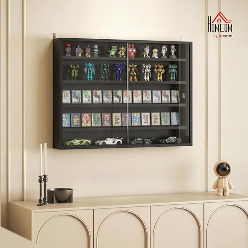 HOMCOM 5-Tier Display Cabinet, Glass Door Cabinet with Adjustable Shelves, Wall-Mounted Display Case for Playroom, Bedroom, Jet Black - color: Jet Black