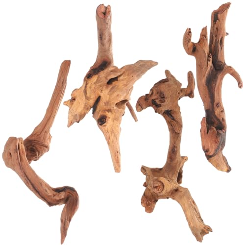 4pcs Aquarium Driftwood Branches for Fish Tank Décor, Natural Sinkable Wood Logs 15-20cm for Freshwater Fish Habitat and Reptile Hideout
