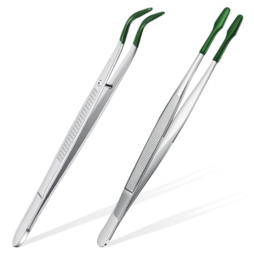 2 Piece Tweezers with Rubber Tips Set - Bent and Straight Flat Tips Tweezers PVC Coated for Stamp Coins Jewelry Crafts, Electronics(Silver, Green) - color: Silver, Green