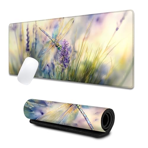 Dragonfly Large Gaming Desk Mat,Rubber Non-Slip Cute Watercolor-Inspired Mouse Pad,31.5x11.8x0.12in Extended Nature Mousepad,Game Lover Mice Pads Gifts,Office Home Deskmat Decor - color: Dragonfly