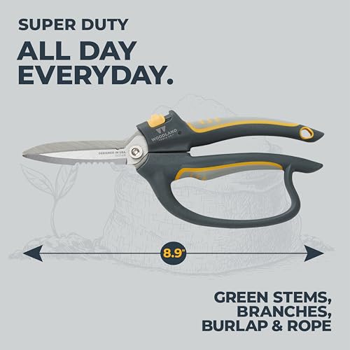 Woodland Tools Utility Snips – Super Duty Garden Snips with Serrated Trimming Scissors, Knife Edge, Wire and Twine Cutter, Stainless Steel Construction, Sheath Included – Plant Scissors for Yard Work - style: Super Duty Snip
