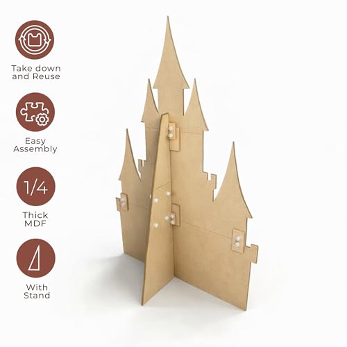 Jess and Jessica Wooden Fairytale Castle Decor 80 Inches Tall x 56 Inches Wide -Unfinished Wooden Cutouts for Crafts, Large MDF Unfinished Wood Cutouts for Wall Decor or Kids Nursery, 5pc w/Stand - style: With Stand