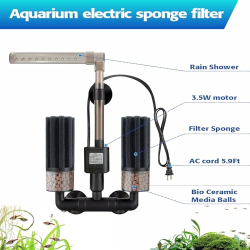 Electric Aquarium Sponge Filter with Submersible Pump, Ultra Quiet Power Filtration, Bio Media & Dual Sponges, Internal Filter for Freshwater & Saltwater Fish Tanks - size: 5 to 20 Gal