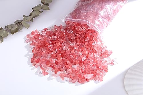 QINJIEJIE Cherry Quartz Crystals Chips Natural Stone Gravel Bulk Crushed Rocks Pieces Polished Quartz Stone 0.55Lbs Decorative Fish Tank Pebbles Vase Filler Irregular Shaped Tumbled Gemstone for Home - color: Cherry Quartz, size: 0.55 Pound