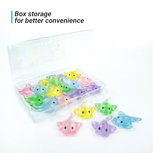 20Pcs Mini Resin Glow in the Dark Stingray Figurines - 6 Colors Realistic Cute Sting Ray Decorations for Terrarium Decor, Fairy Garden, Aquarium, Small Resin Animals with Storage Box